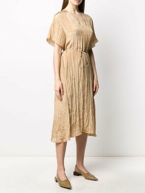 Vince Sun Khaki Midi Dress Tie Waist V Neck Minimalist Size L
